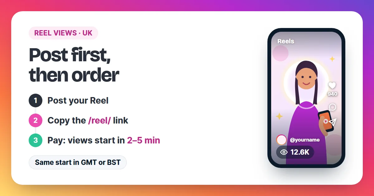 Three steps to buy Instagram Reel views in the UK: post, copy the Reel link, pay