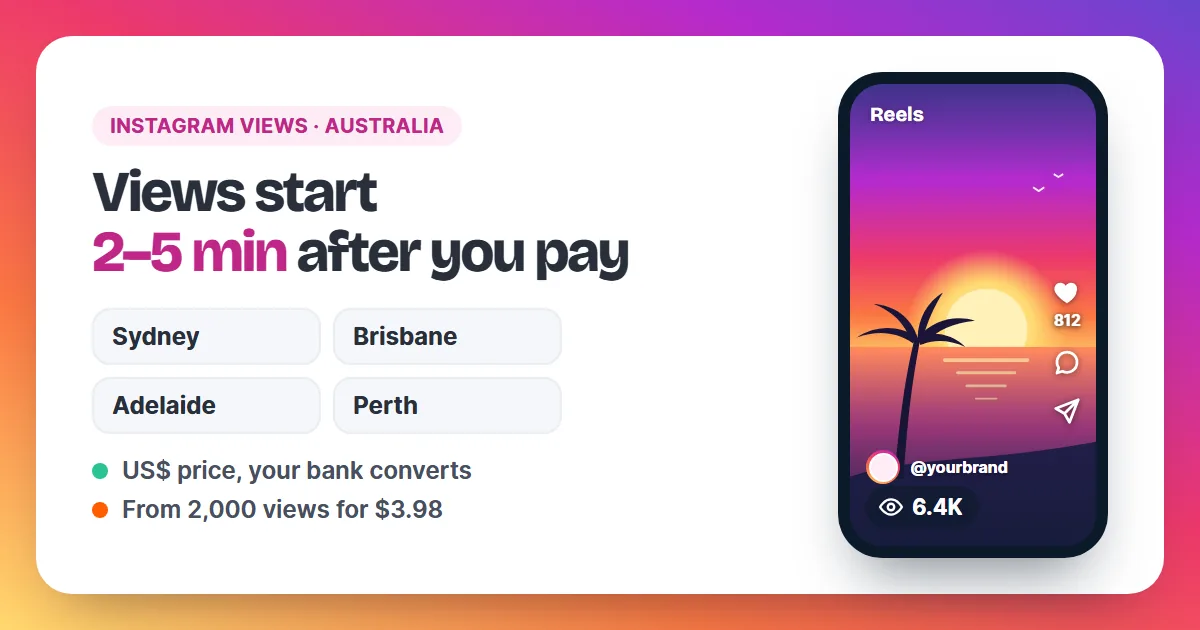 Instagram views order card for Australia with a 2–5 minute start beside a beach Reel