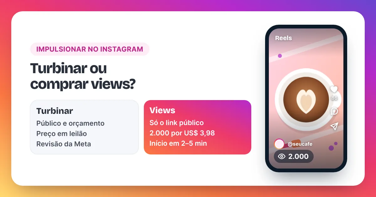 Comparação entre turbinar um post no Instagram e comprar visualizações, ao lado de um Reel de café