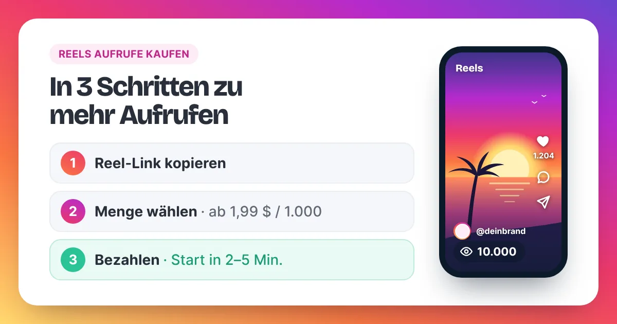 Drei Schritte zum Kauf von Instagram Reels Aufrufen neben einem Handy, das ein Reel zeigt