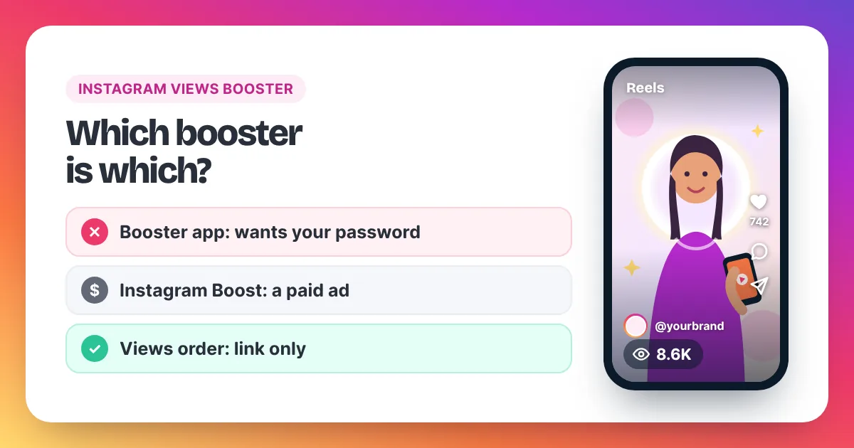 Three Instagram views boosters compared: a login app, Instagram's Boost and a link-only order