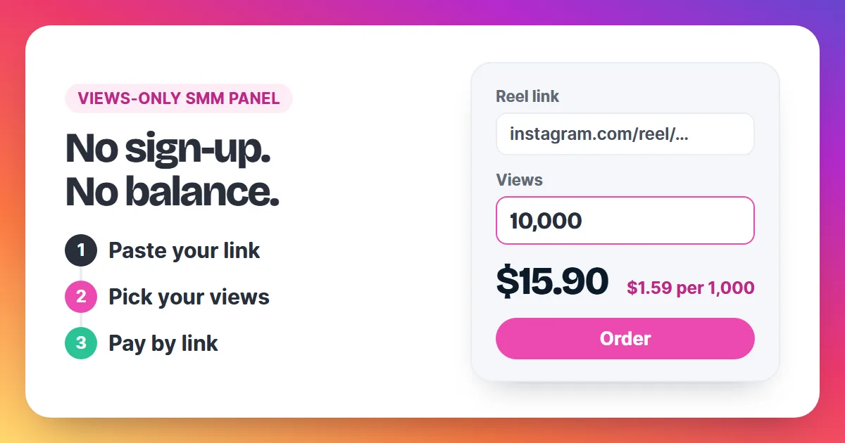 Views-only SMM panel steps: paste a Reel link, pick 10,000 views, see the price per 1,000